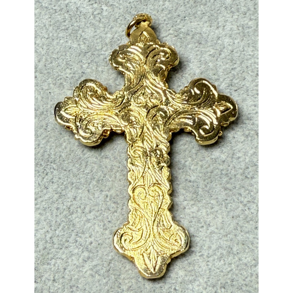 Vintage 3" Italy Micro Mosaic Cross Pendant Ornament Gold Tone Scrollwork Large - Picture 2 of 4